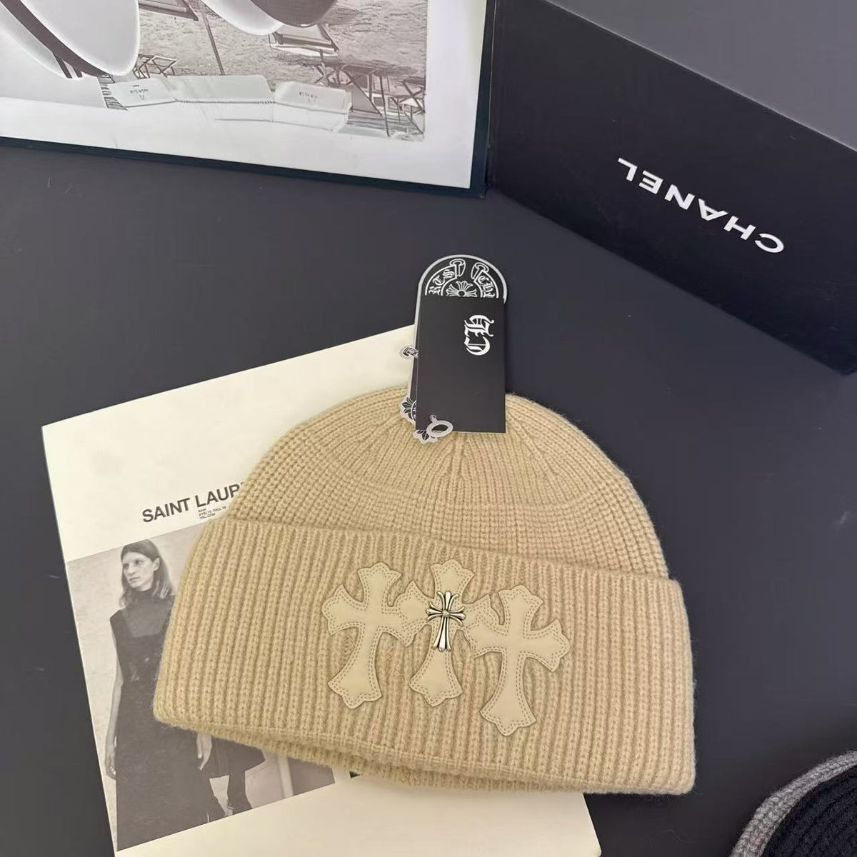 Knitted Hat with Cross Design Warm Ear Protection Beanie