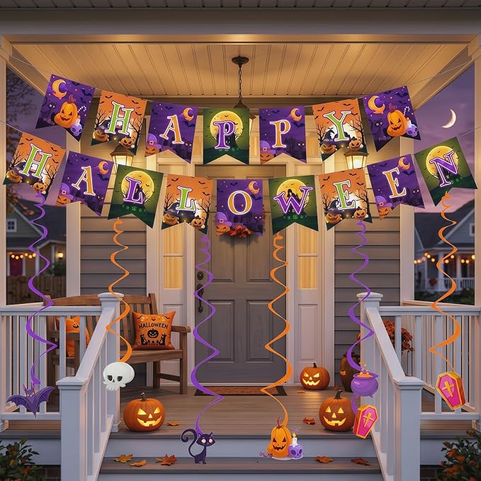 Halloween Party Decorations, Happy Halloween Banner With 6 Hanging Swirls For