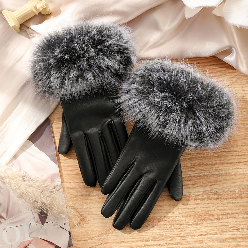 Women's winter gloves with windproof and plush thick fur mouth gloves, cold resistant touch screen riding warm gloves, Korean style minimalist gloves