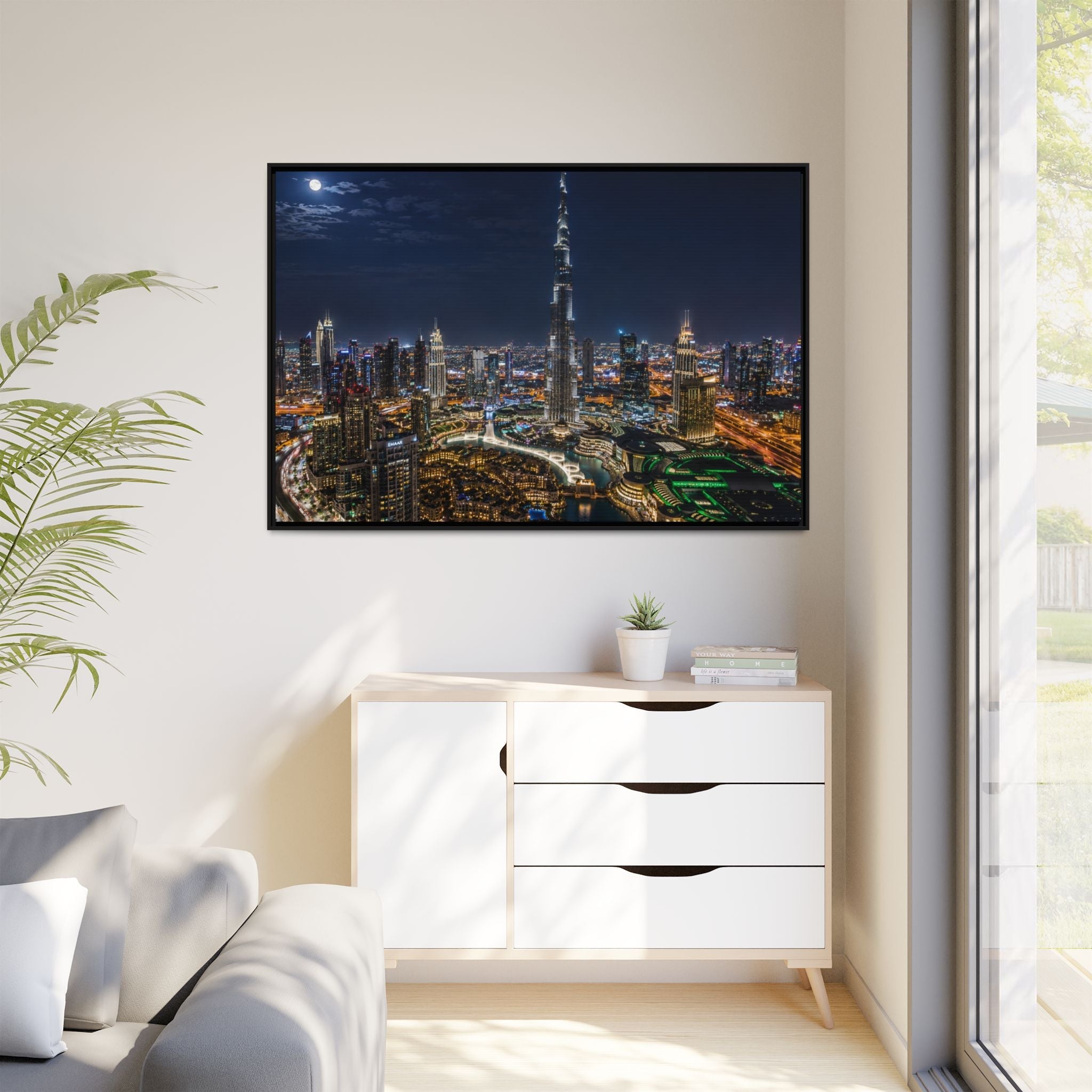 Dubai Night Skyline Matte Framed Canvas Print
