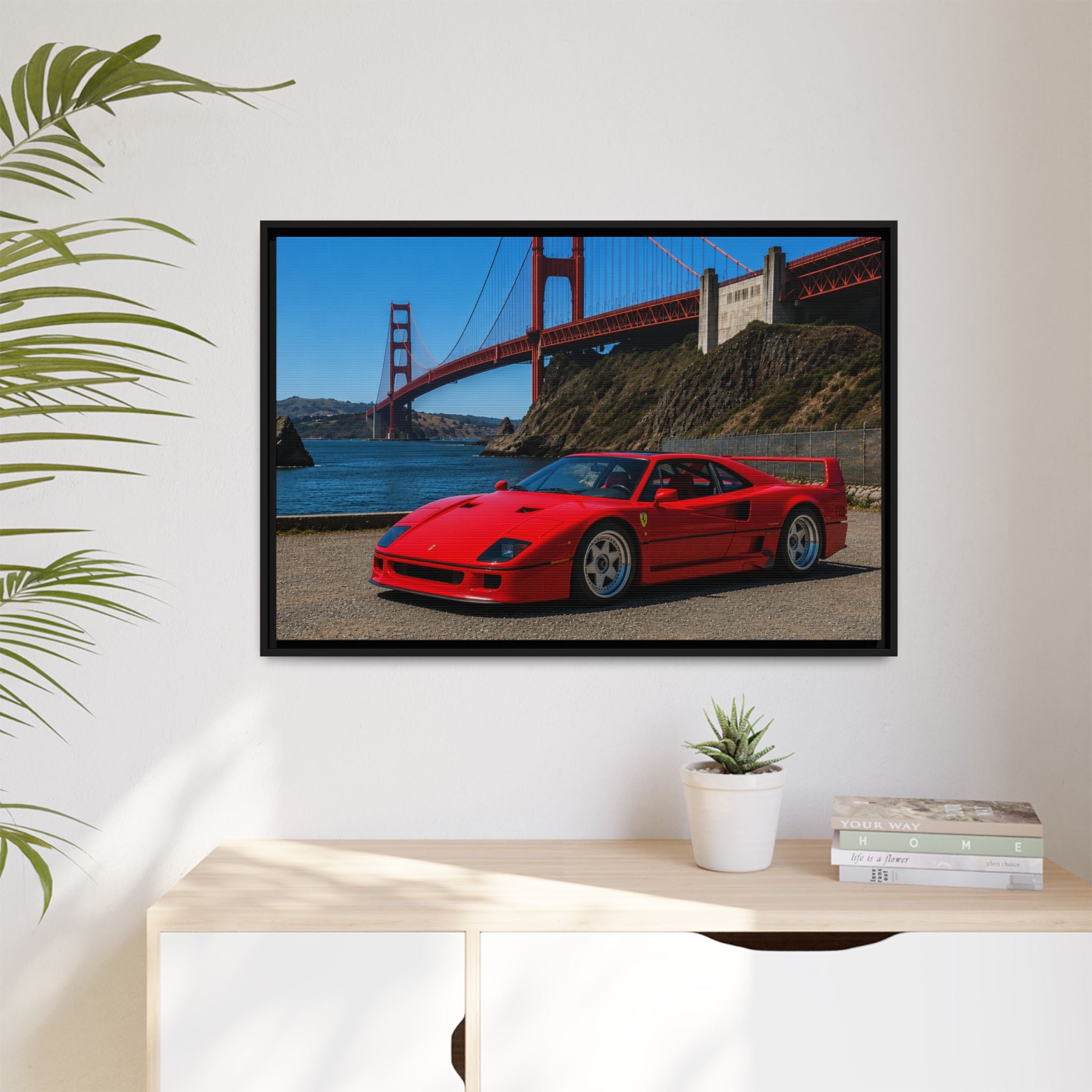 Ferrari F40 1987  — Red Sexy Sports Car by Golden Gate Bridge - Stunning Framed Canvas
