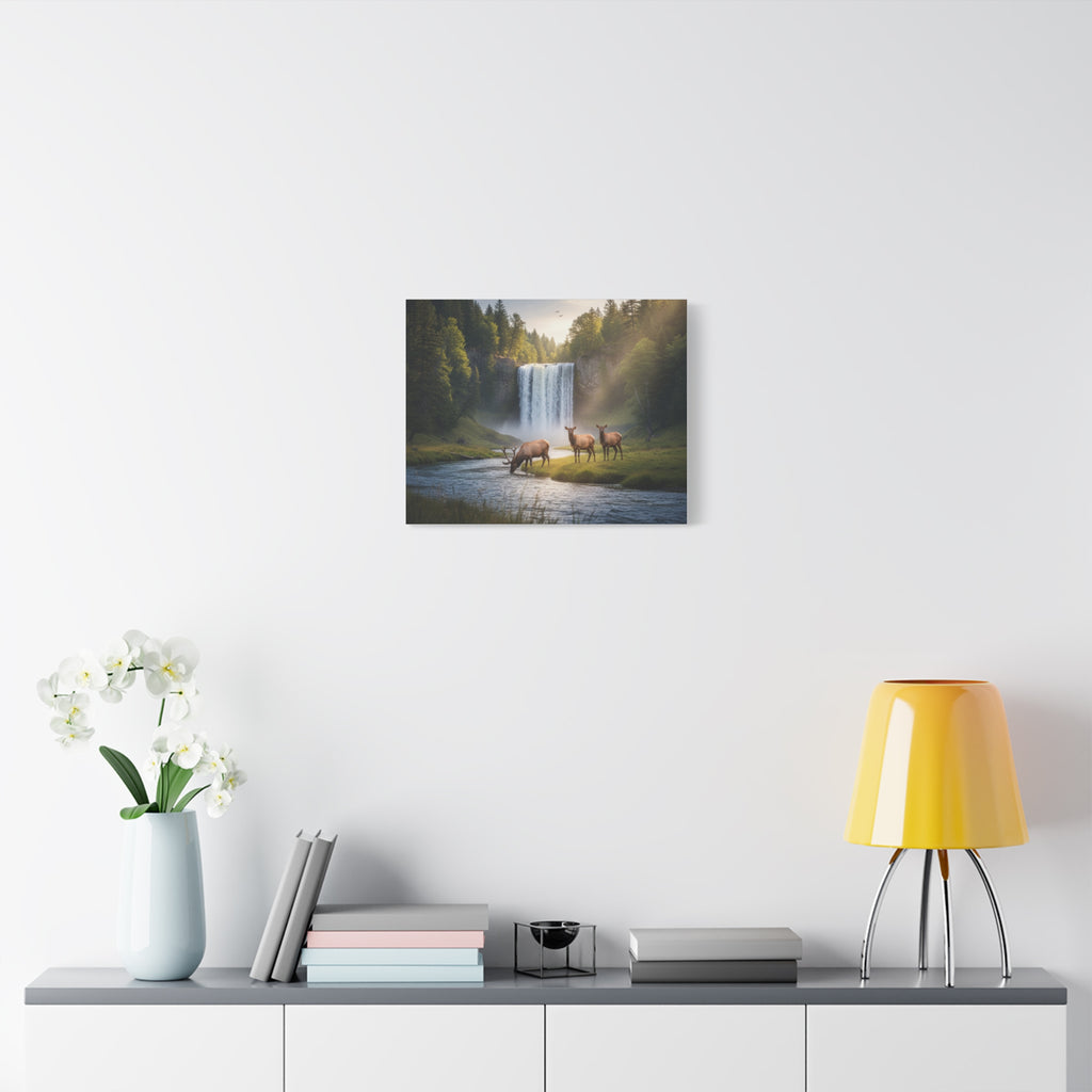 Waterfall Elk Canvas Print — Matte Stretched Wall Art