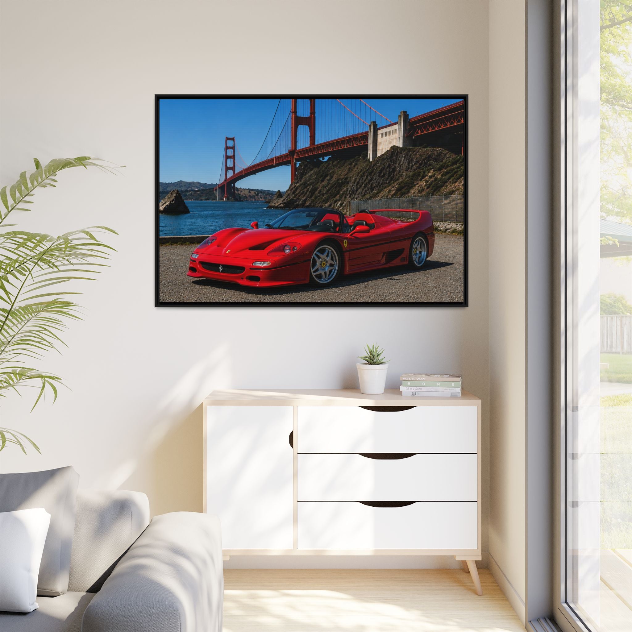 Ferrari F50 1995 Red - At Golden Gate Bridge - Stunning Framed Canvas Wall Art