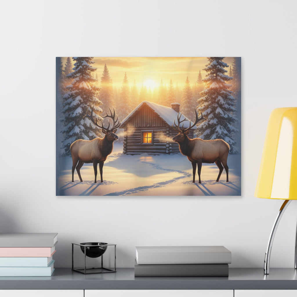Winter Cabin Elk Canvas Wall Art – Cozy Snowy Forest Sunset Print