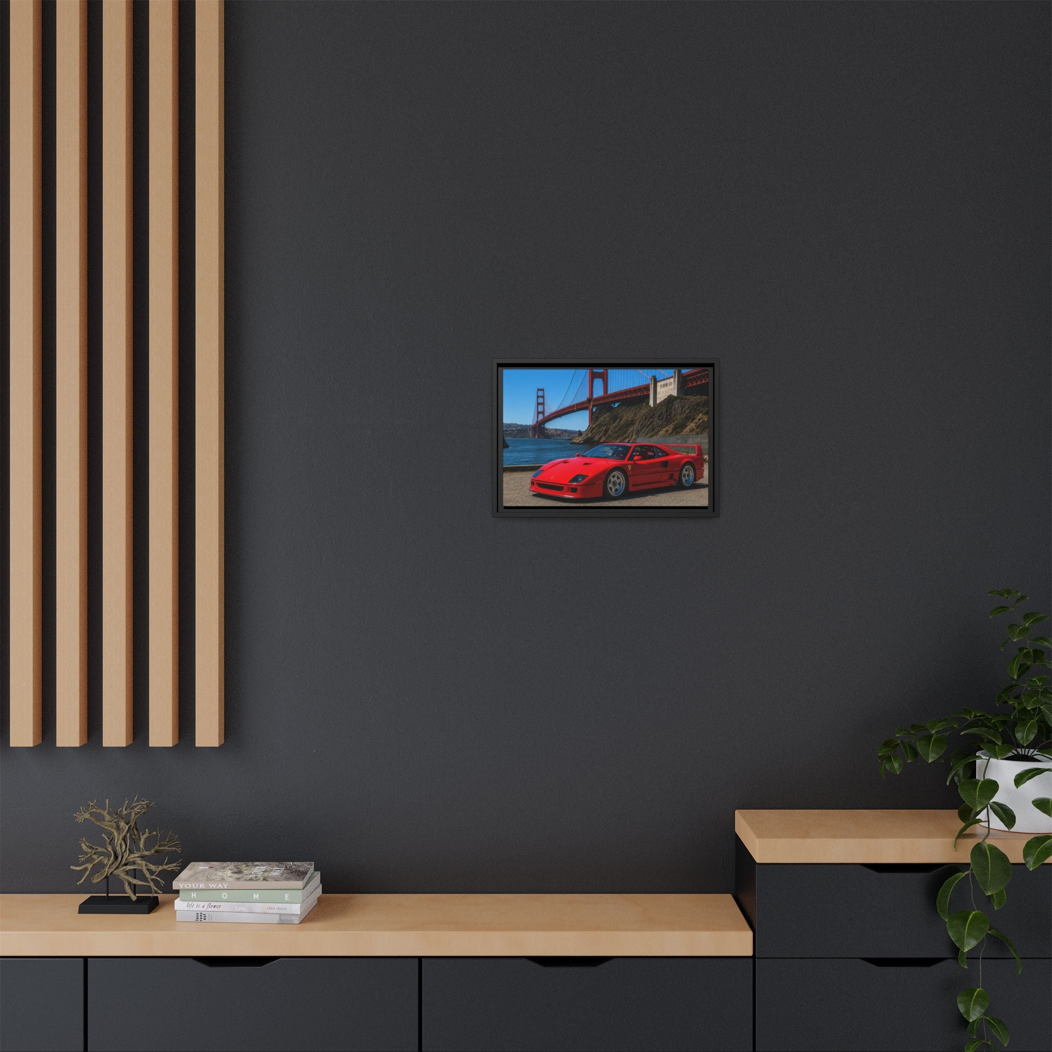 Ferrari F40 1987  — Red Sexy Sports Car by Golden Gate Bridge - Stunning Framed Canvas