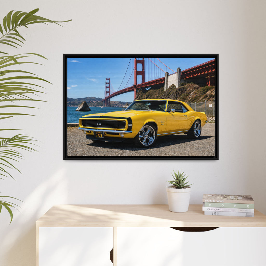 Camaro 1967 Framed Canvas – Yellow Classic "Bumble Bee" Camaro by Golden Gate Bridge