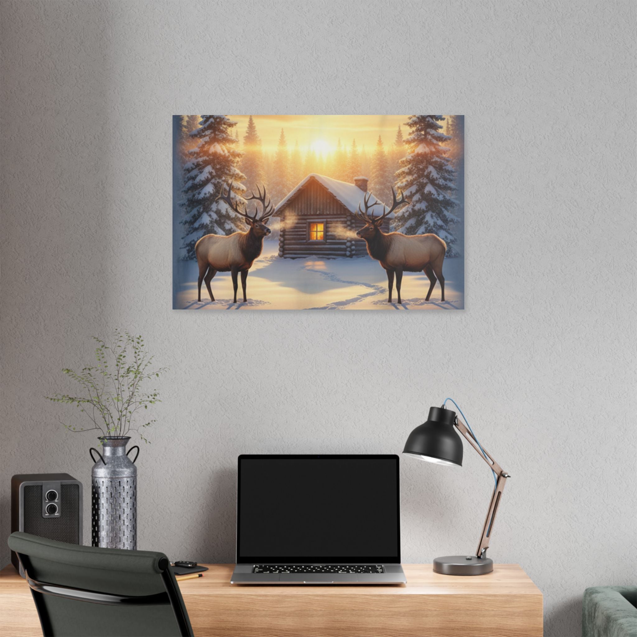 Winter Cabin Elk Canvas Wall Art – Cozy Snowy Forest Sunset Print