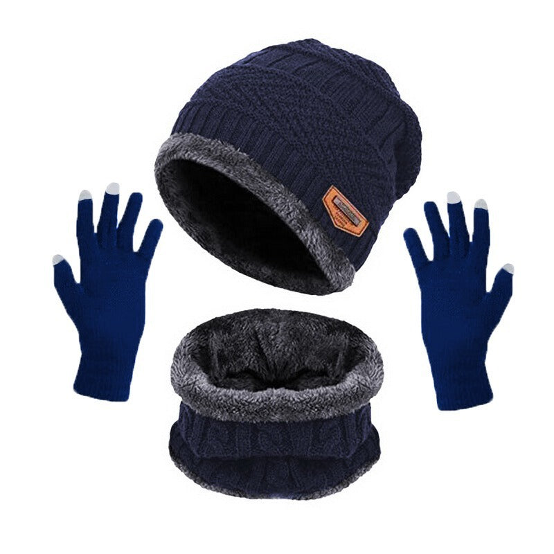 Winter Warmth And Thickening Hat Scarf Scarf Solid Color Touch Screen Gloves Three Sets Of Adults