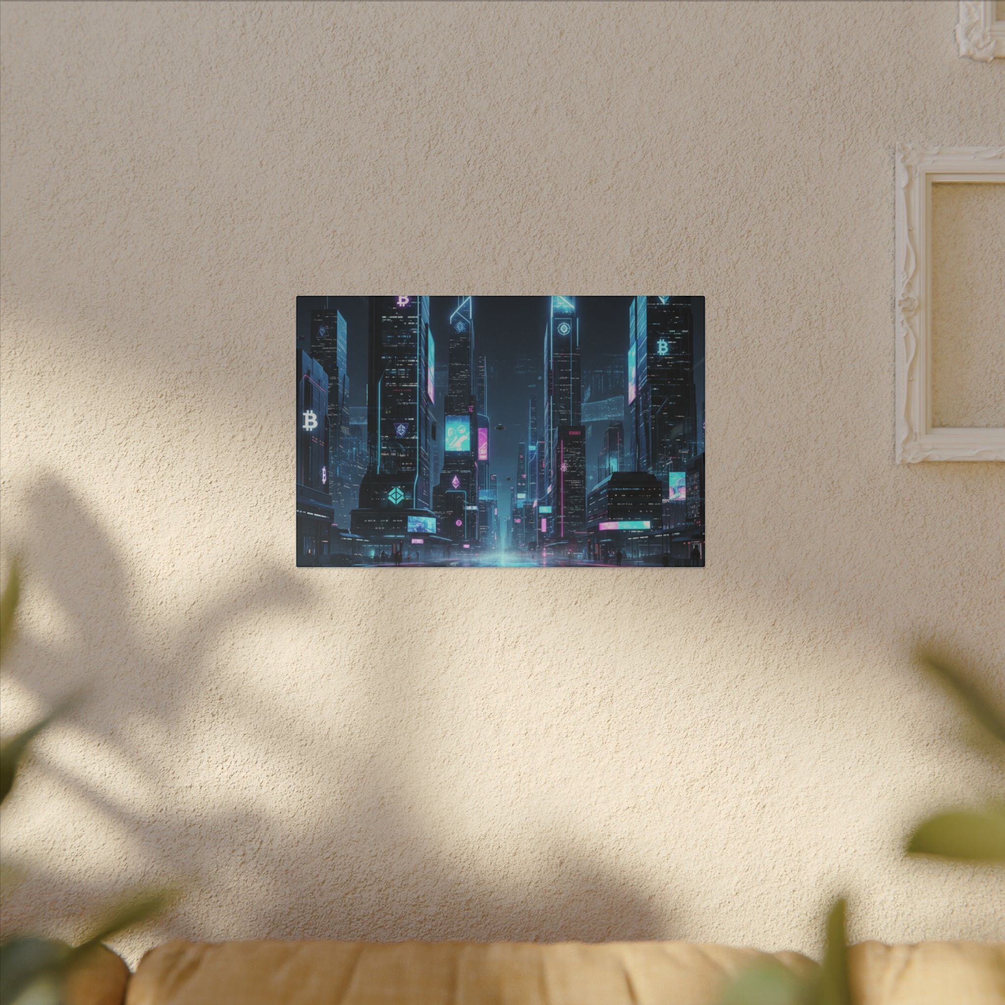 Cyberpunk Cityscape Matte Canvas Print — Neon Futuristic Skyline Wall Art