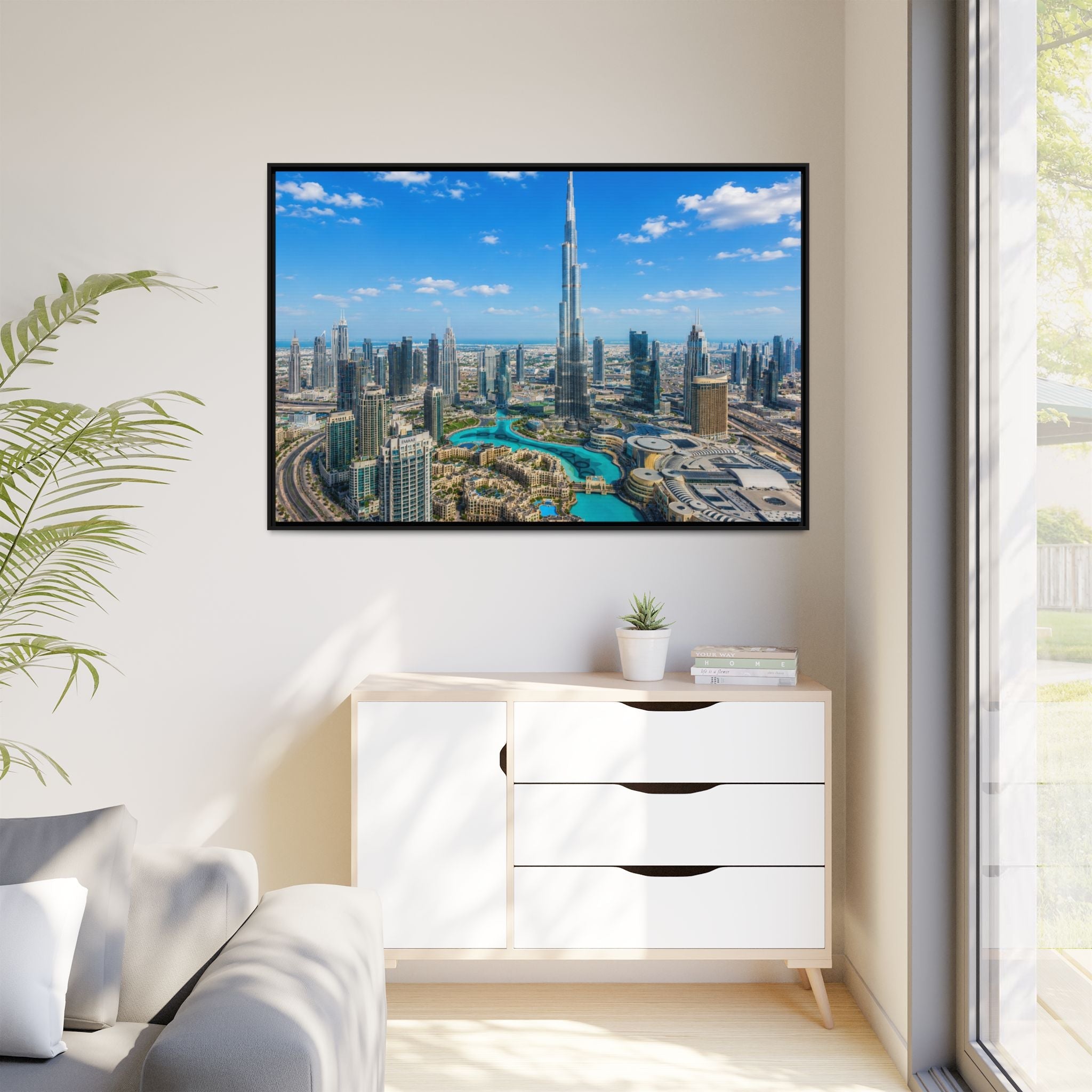 Dubai Skyline Matte Canvas Print (Framed) — Burj Khalifa Aerial Cityscape Wall Art