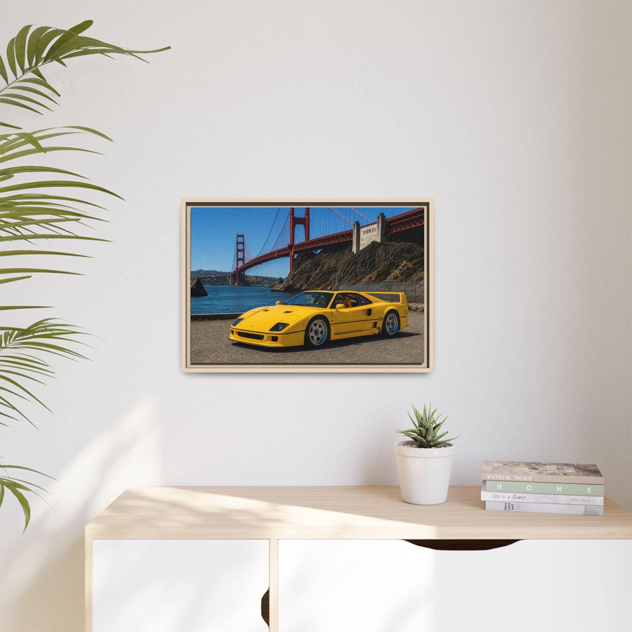 Ferrari 1987 F40 — Yellow Ferrari by the Golden Gate Bridge - Stunning Framed Canvas