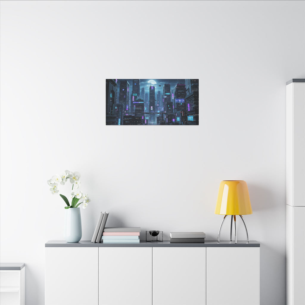 Cyberpunk Cityscape Matte Canvas Print — Neon Futuristic Wall Art