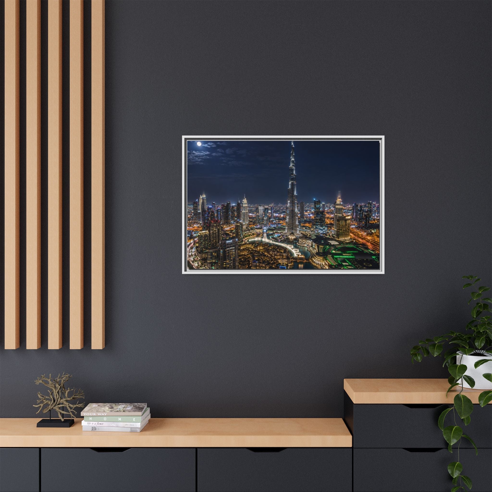 Dubai Night Skyline Matte Framed Canvas Print