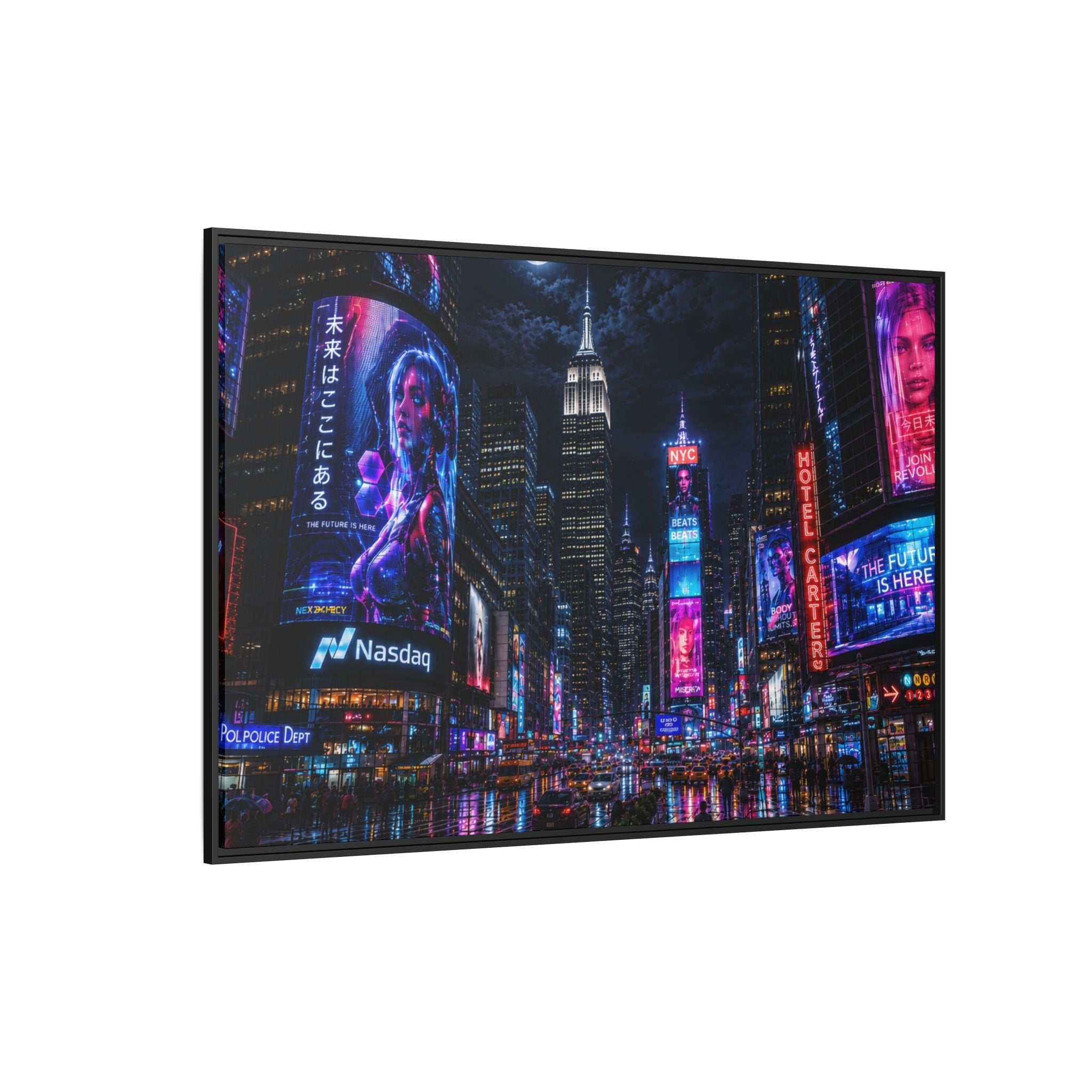 Time Square City Scape "Cyberpunk themed" Neon City Nights Matte Canvas Print (Framed)