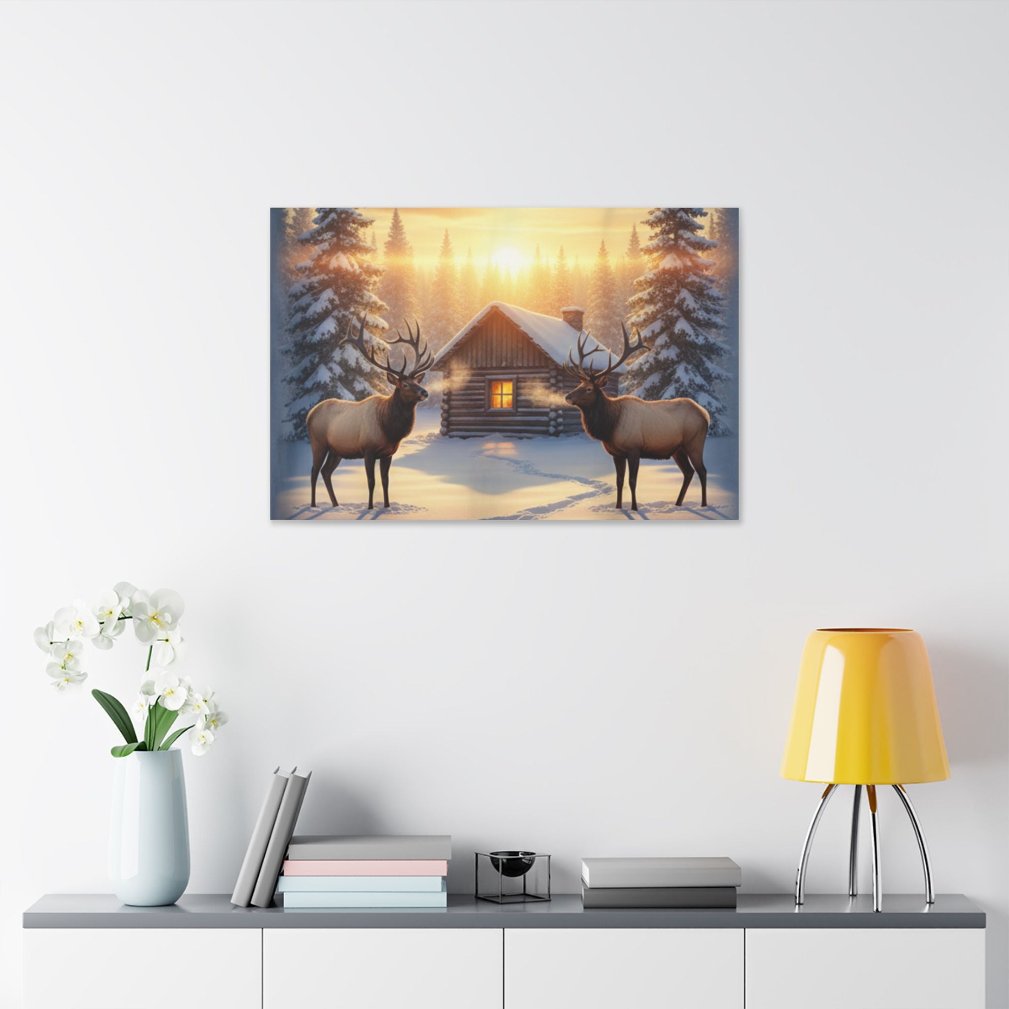 Winter Cabin Elk Canvas Wall Art – Cozy Snowy Forest Sunset Print