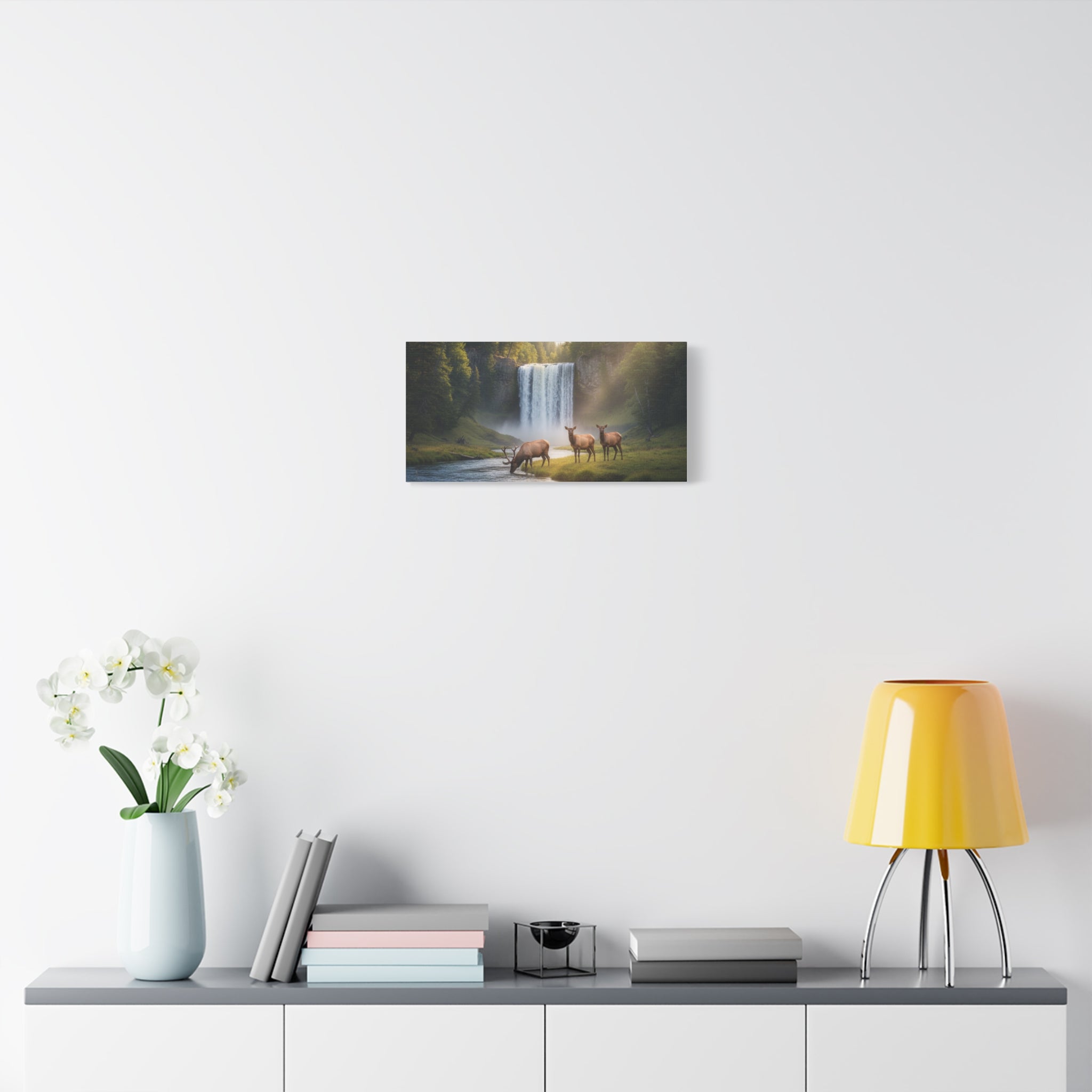 Waterfall Elk Canvas Print — Matte Stretched Wall Art