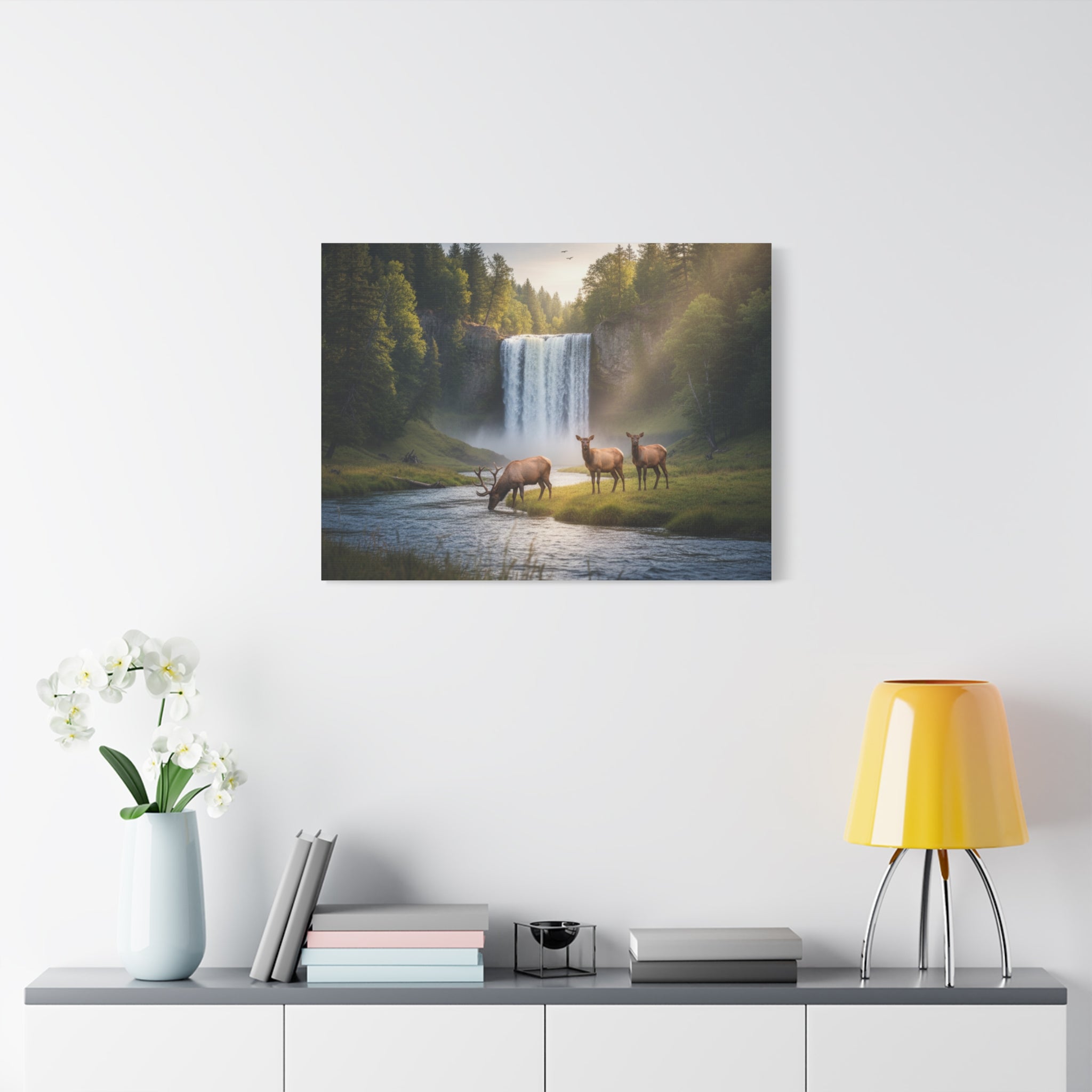 Waterfall Elk Canvas Print — Matte Stretched Wall Art