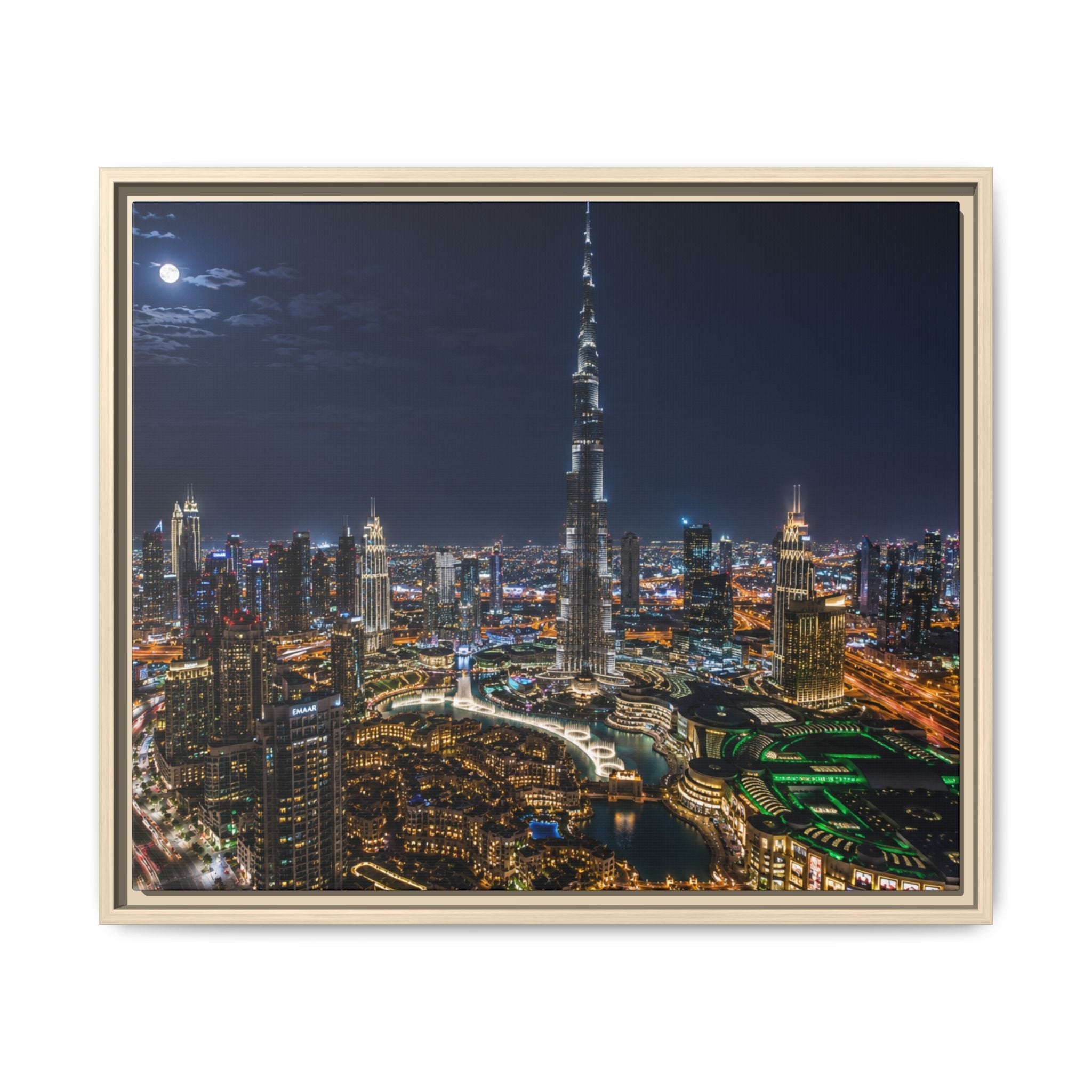 Dubai Night Skyline Matte Framed Canvas Print