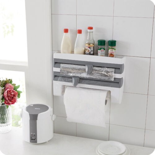 Creative Kitchen Storage Roll Dispenser Cling Film Tin Foil Holder Rack 4 in 1 Wall Mount Towel Roll Holder Hanger Organizer