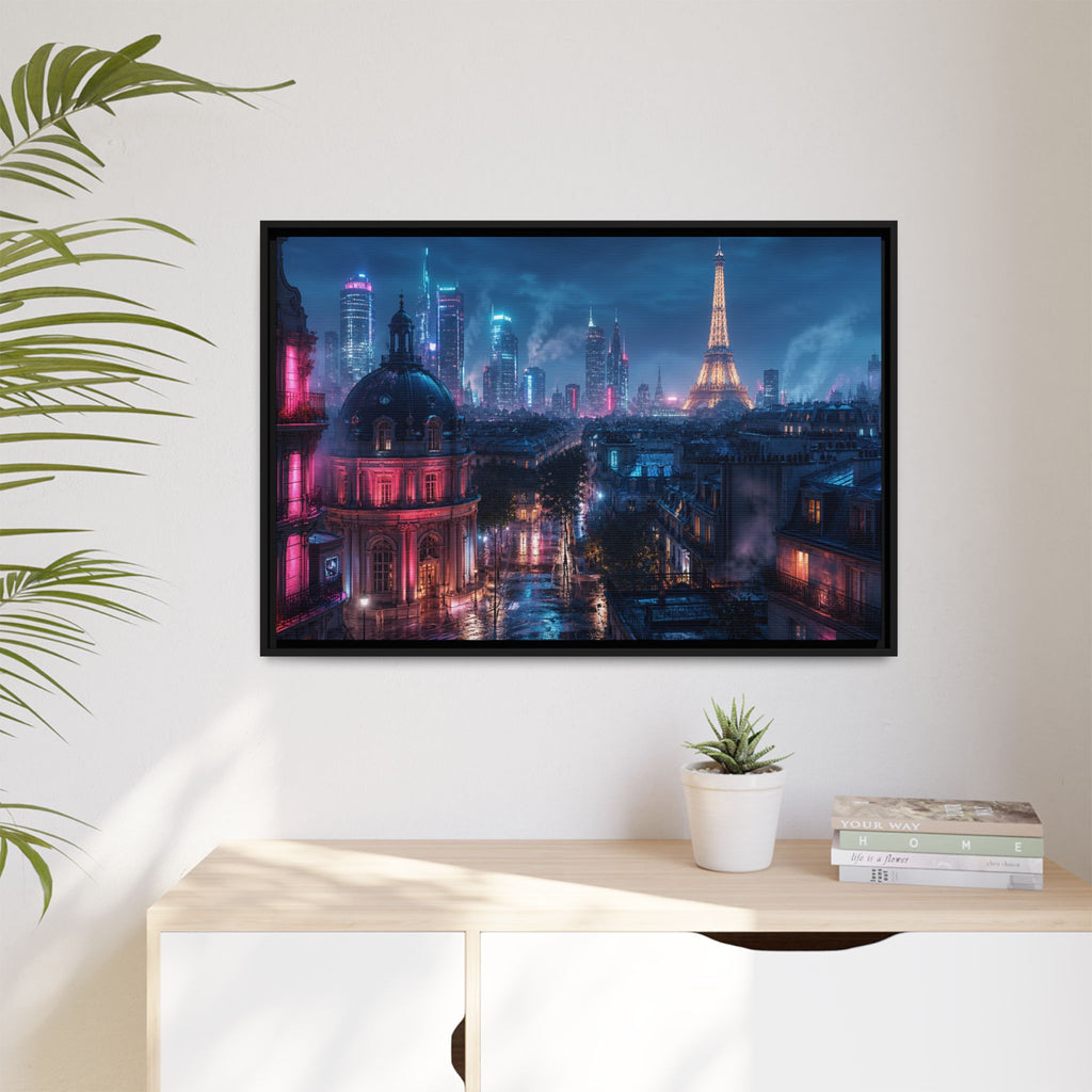 Paris Neon Night Canvas Wall Art Print Ready to Hang