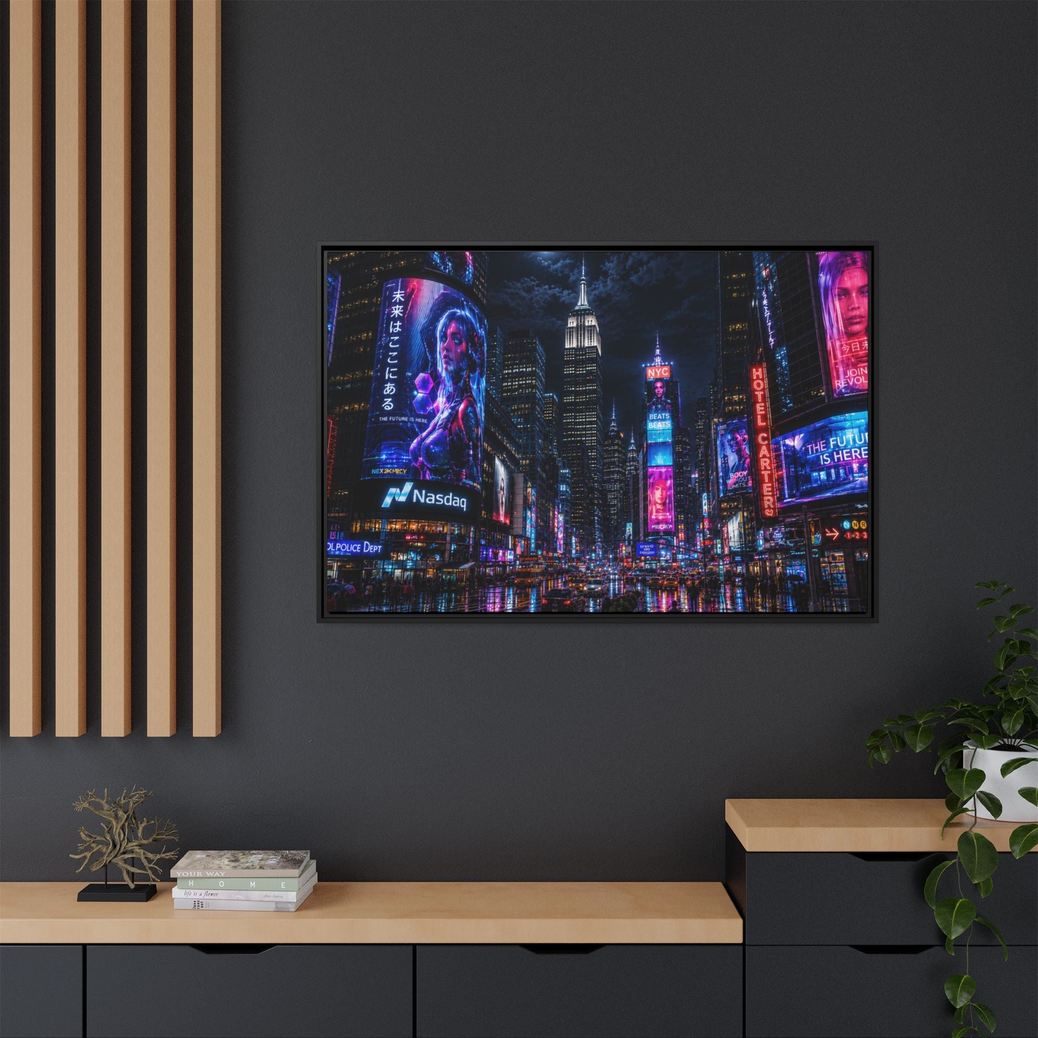 Time Square City Scape "Cyberpunk themed" Neon City Nights Matte Canvas Print (Framed)