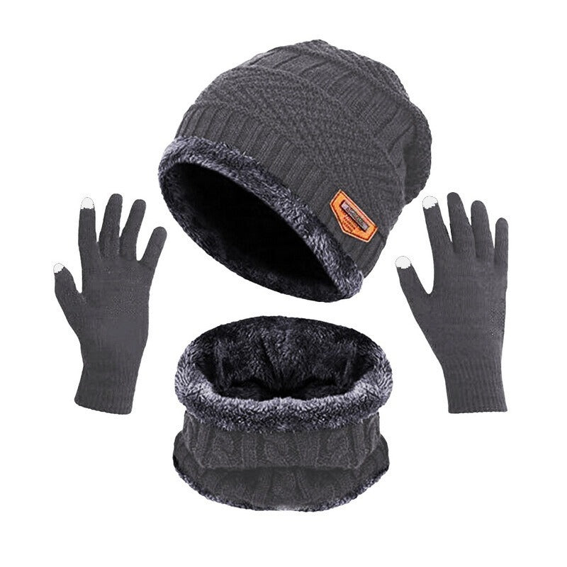 Winter Warmth And Thickening Hat Scarf Scarf Solid Color Touch Screen Gloves Three Sets Of Adults