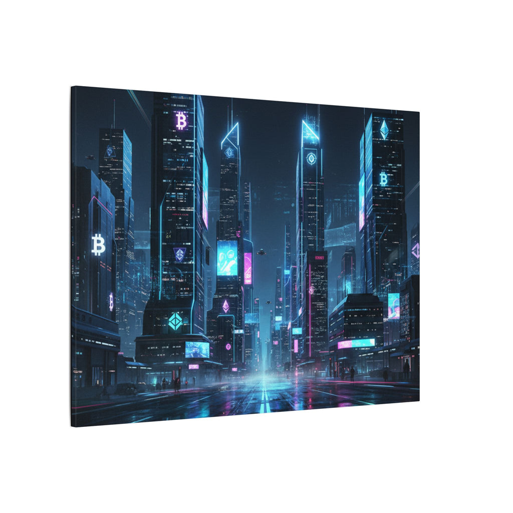 Cyberpunk Cityscape Matte Canvas Print — Neon Futuristic Skyline Wall Art