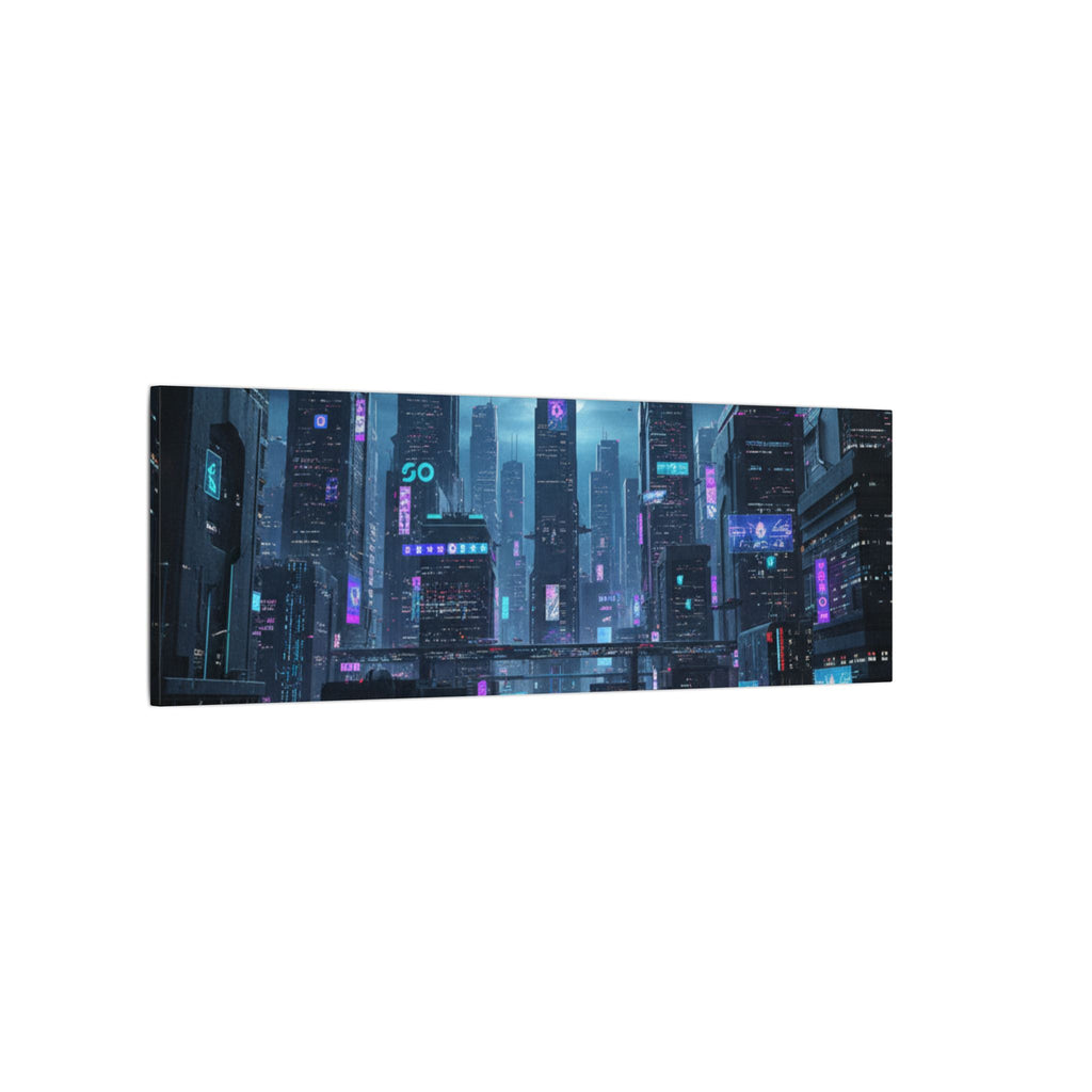 Cyberpunk Cityscape Matte Canvas Print — Neon Futuristic Wall Art