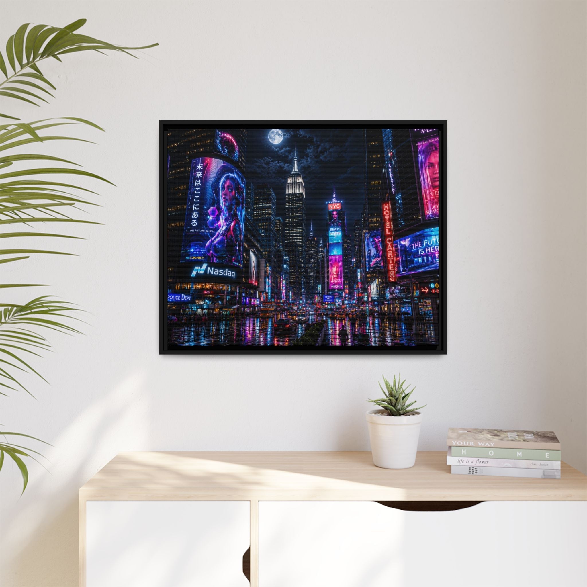 Time Square City Scape "Cyberpunk themed" Neon City Nights Matte Canvas Print (Framed)