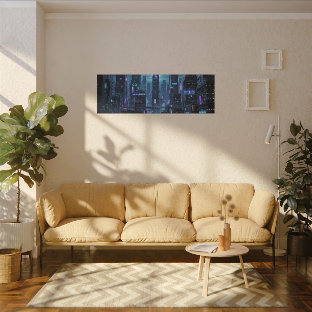 Cyberpunk Cityscape Matte Canvas Print — Neon Futuristic Wall Art