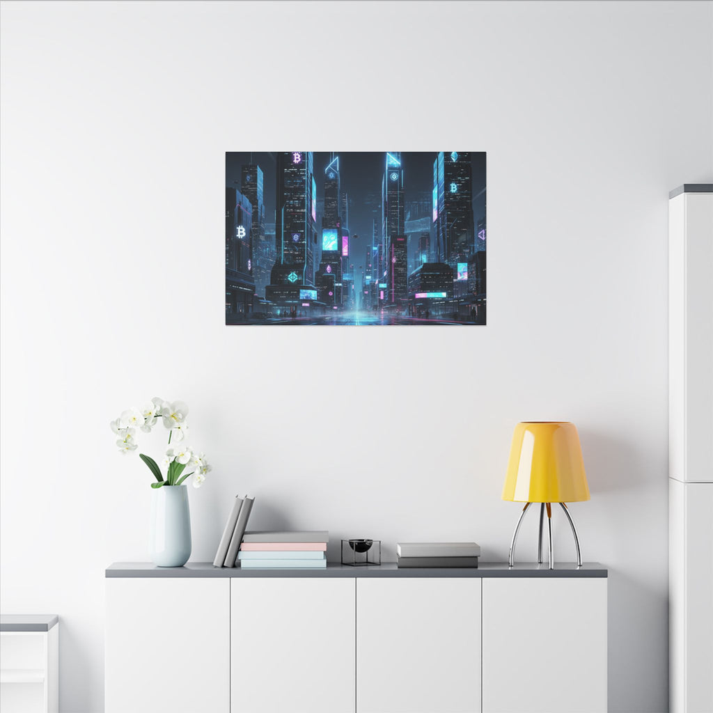 Cyberpunk Cityscape Matte Canvas Print — Neon Futuristic Skyline Wall Art