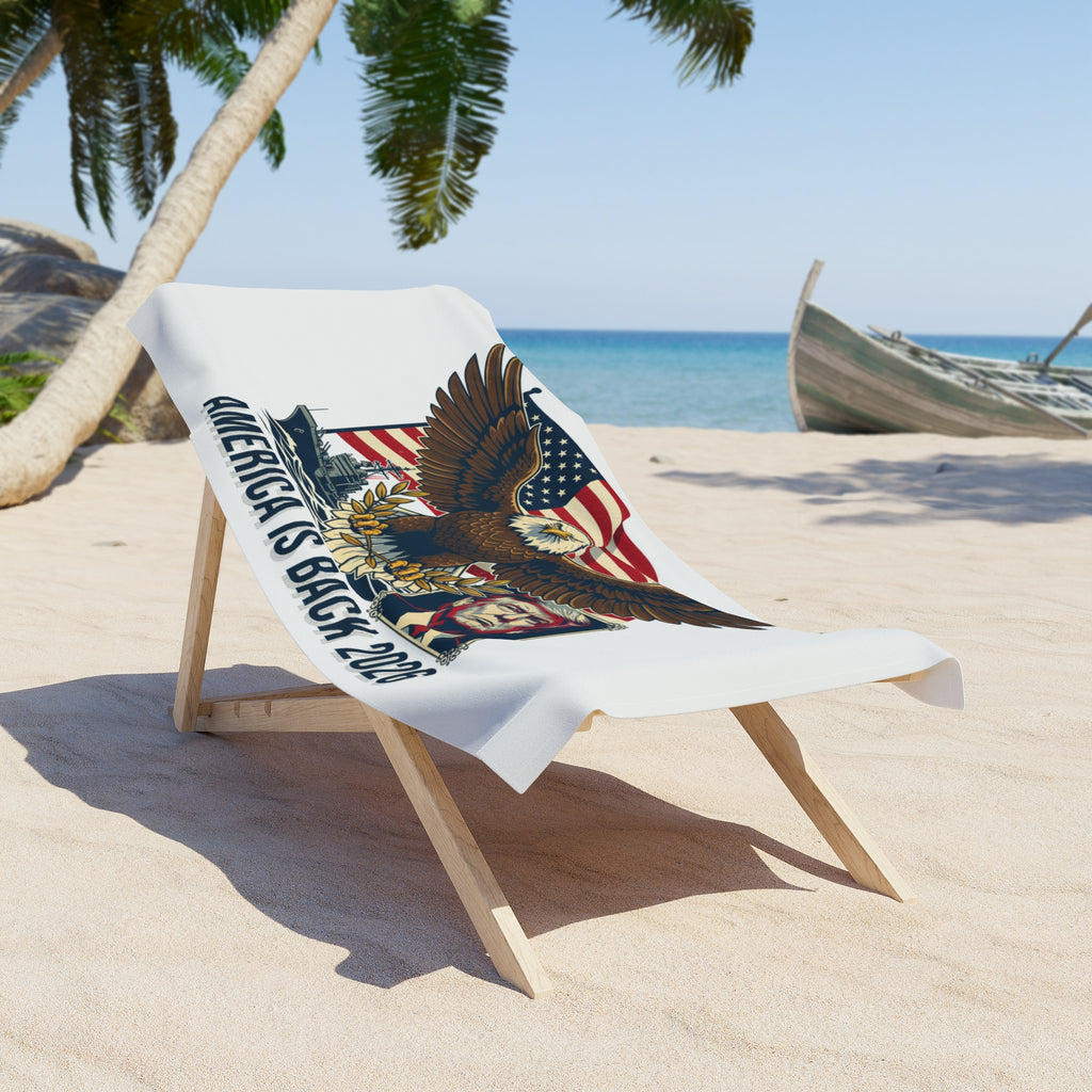 Patriotic Eagle Beach Towel — "America Is Back 2026" Graphic
