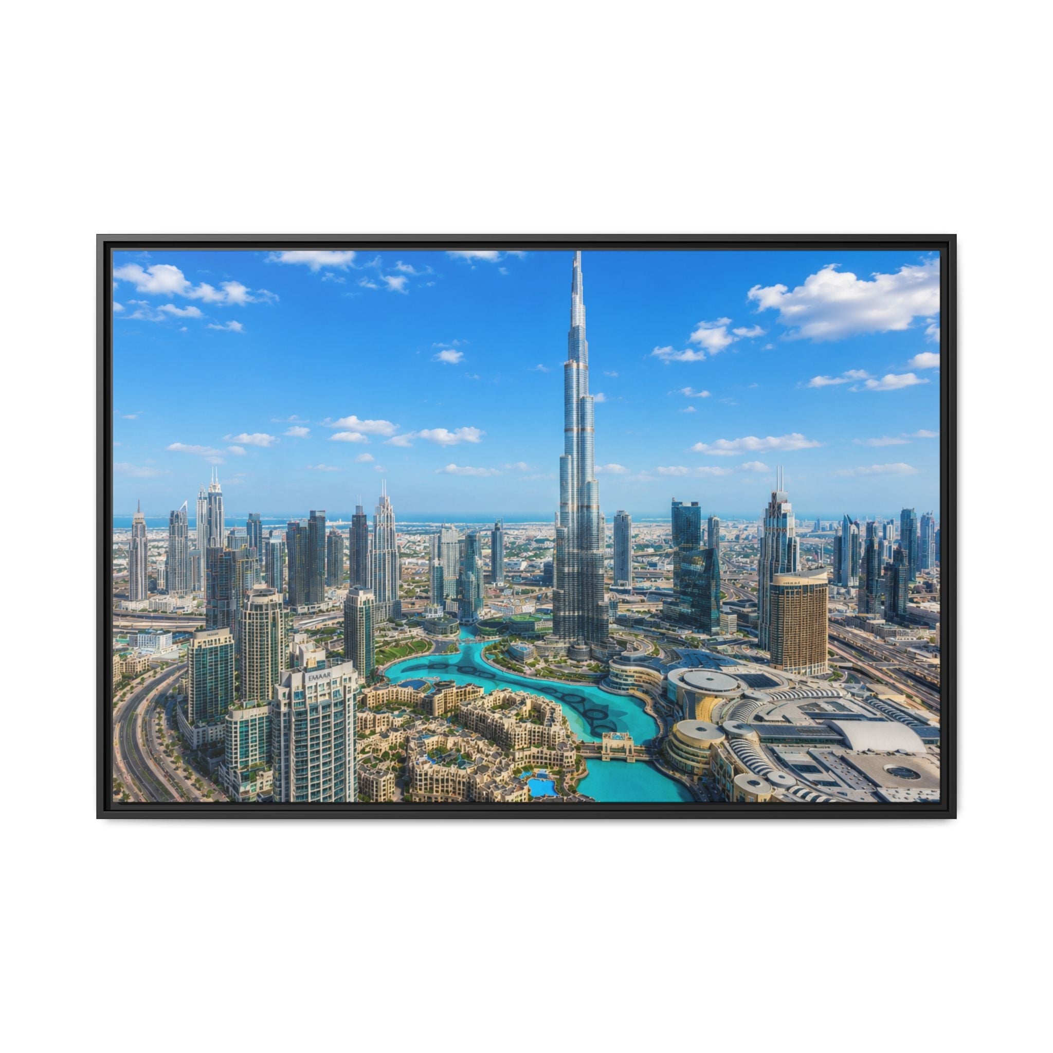 Dubai Skyline Matte Canvas Print (Framed) — Burj Khalifa Aerial Cityscape Wall Art