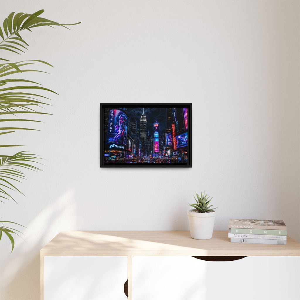 Time Square City Scape "Cyberpunk themed" Neon City Nights Matte Canvas Print (Framed)