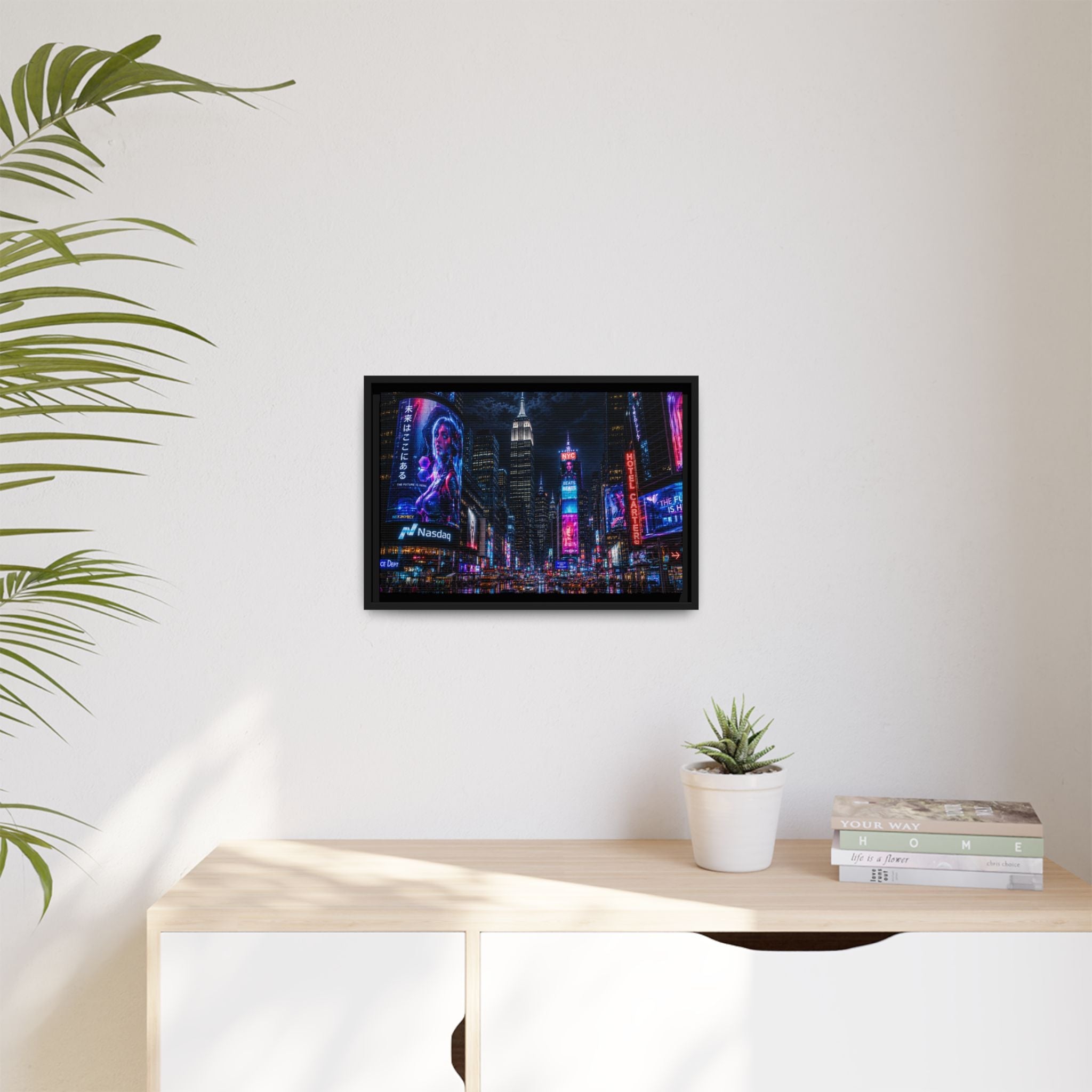 Time Square City Scape "Cyberpunk themed" Neon City Nights Matte Canvas Print (Framed)