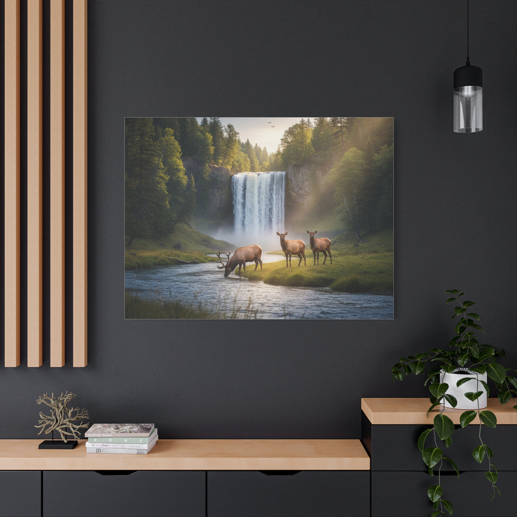 Waterfall Elk Canvas Print — Matte Stretched Wall Art
