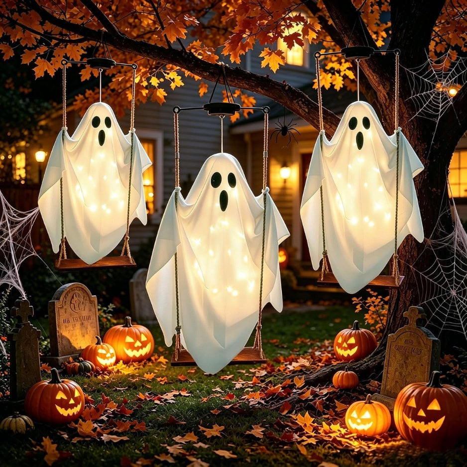 Halloween Decorations Outdoor Solar Hanging Swing Ghost Halloween Decor With
