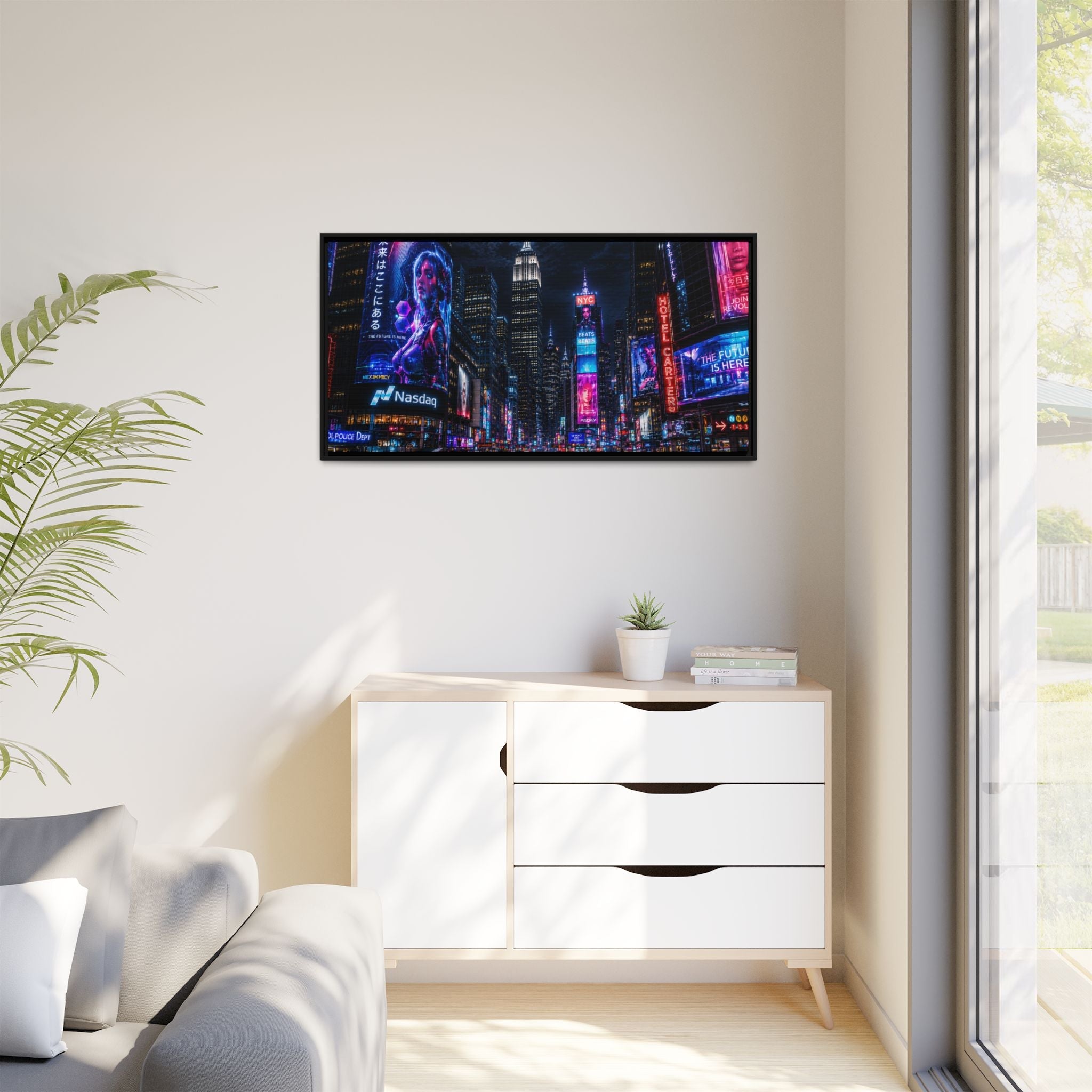 Time Square City Scape "Cyberpunk themed" Neon City Nights Matte Canvas Print (Framed)
