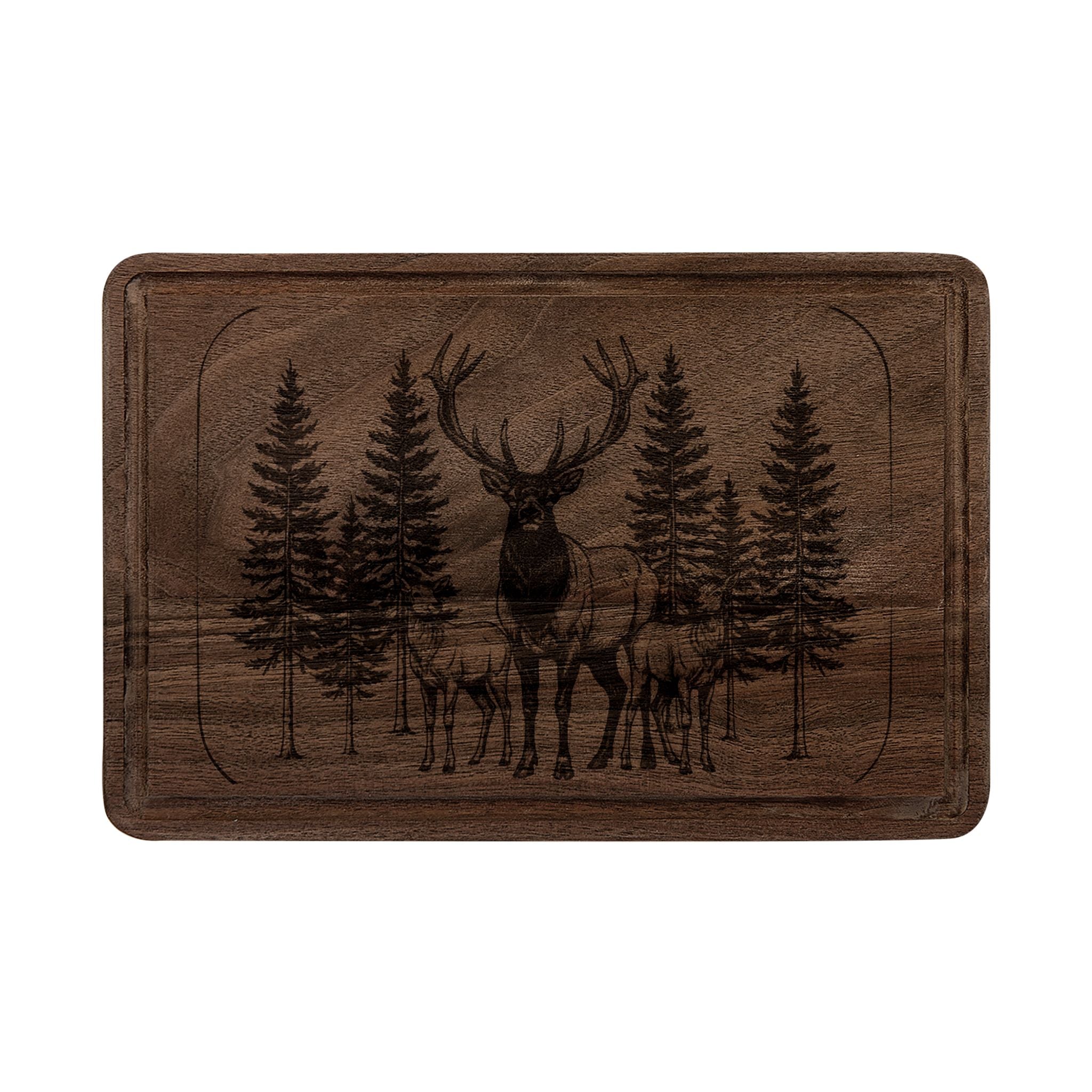 Engraved Elk & Pine Cutting Board — Rustic Wooden Serving/Chopping Board