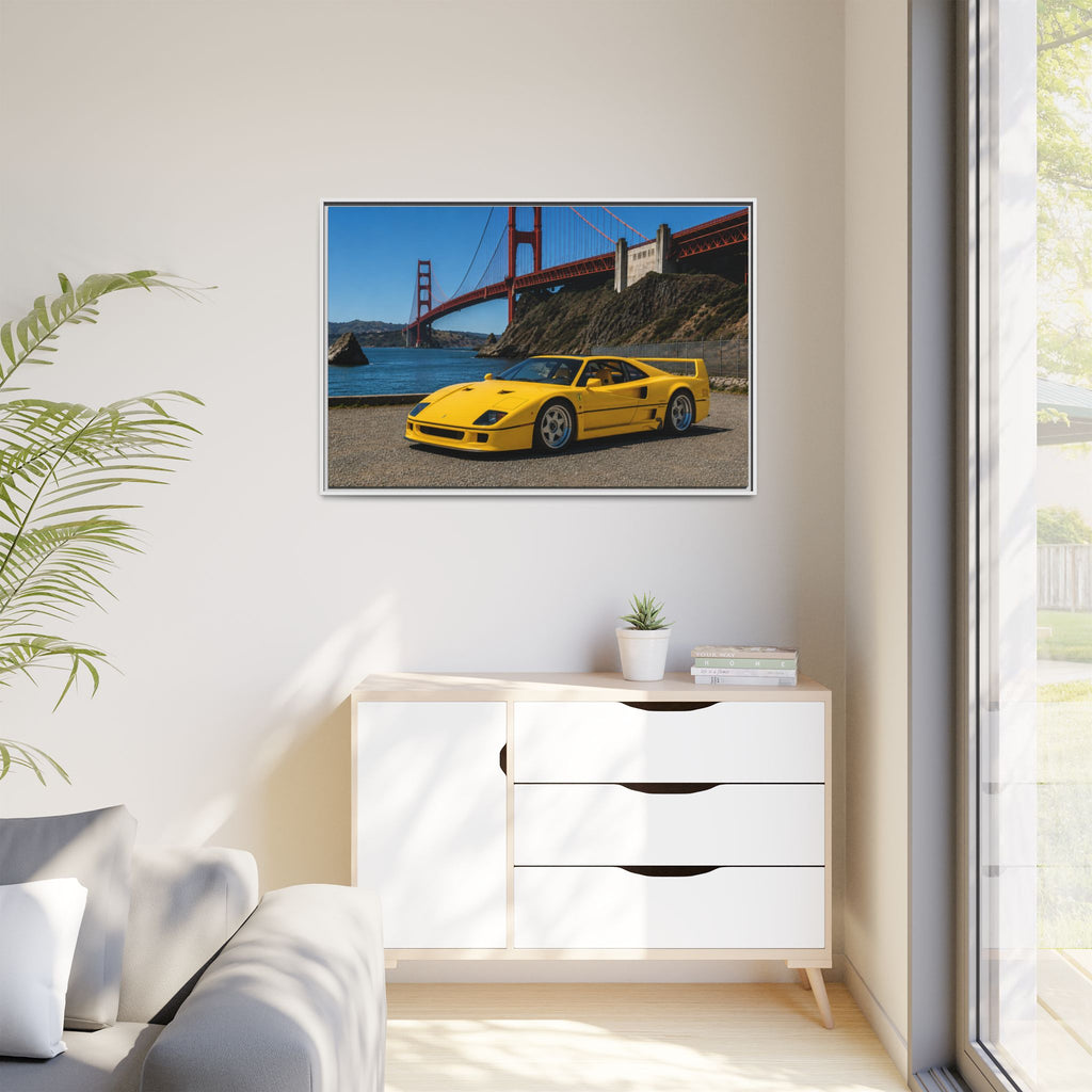Ferrari 1987 F40 — Yellow Ferrari by the Golden Gate Bridge - Stunning Framed Canvas