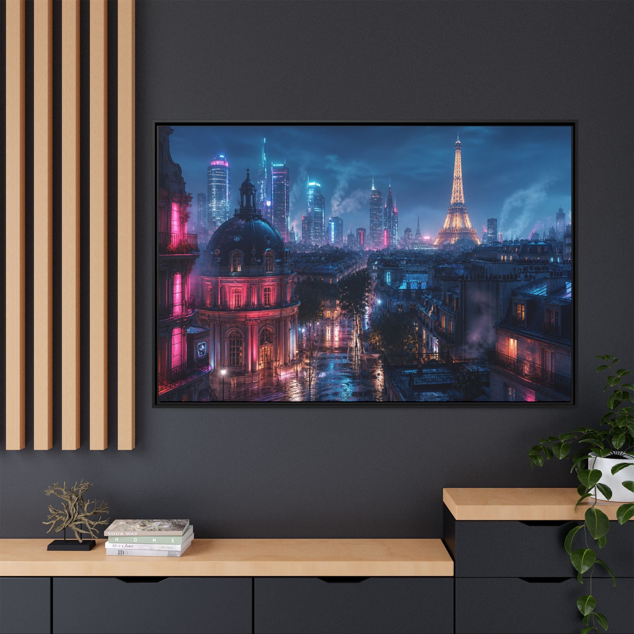 Paris Neon Night Canvas Wall Art Print Ready to Hang