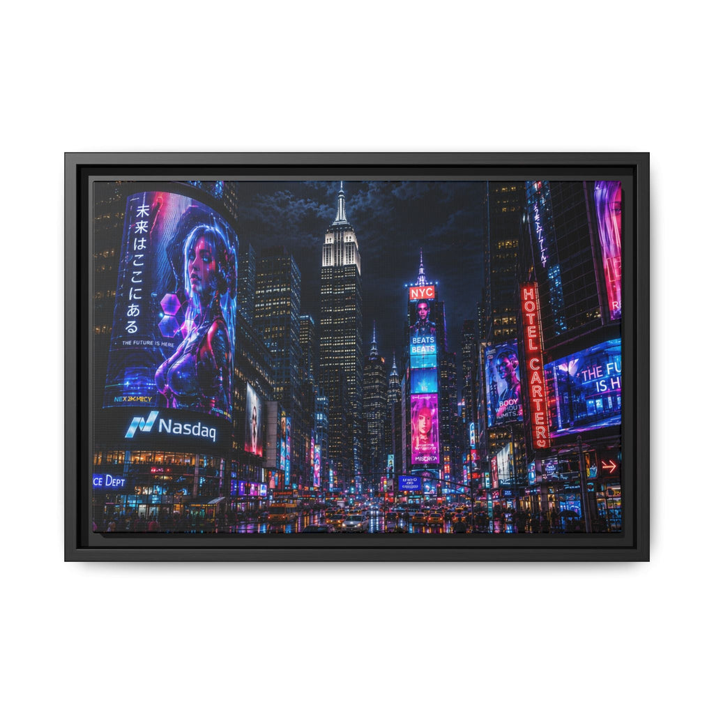Time Square City Scape "Cyberpunk themed" Neon City Nights Matte Canvas Print (Framed)