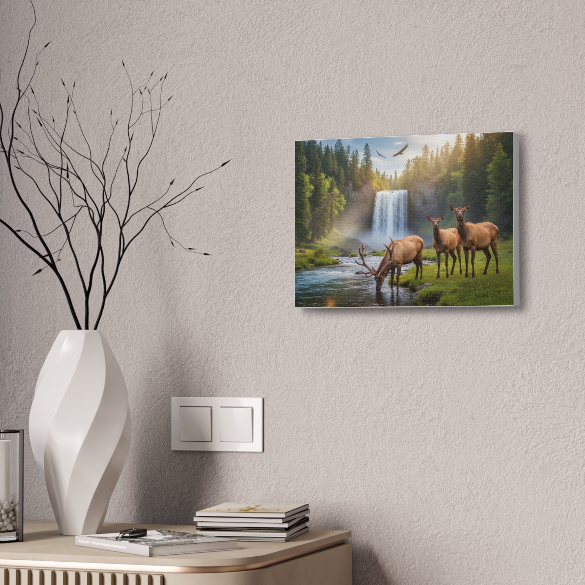 Elk Waterfall Canvas Print — Serene Wildlife Landscape Wall Art, 1.5" Stretched