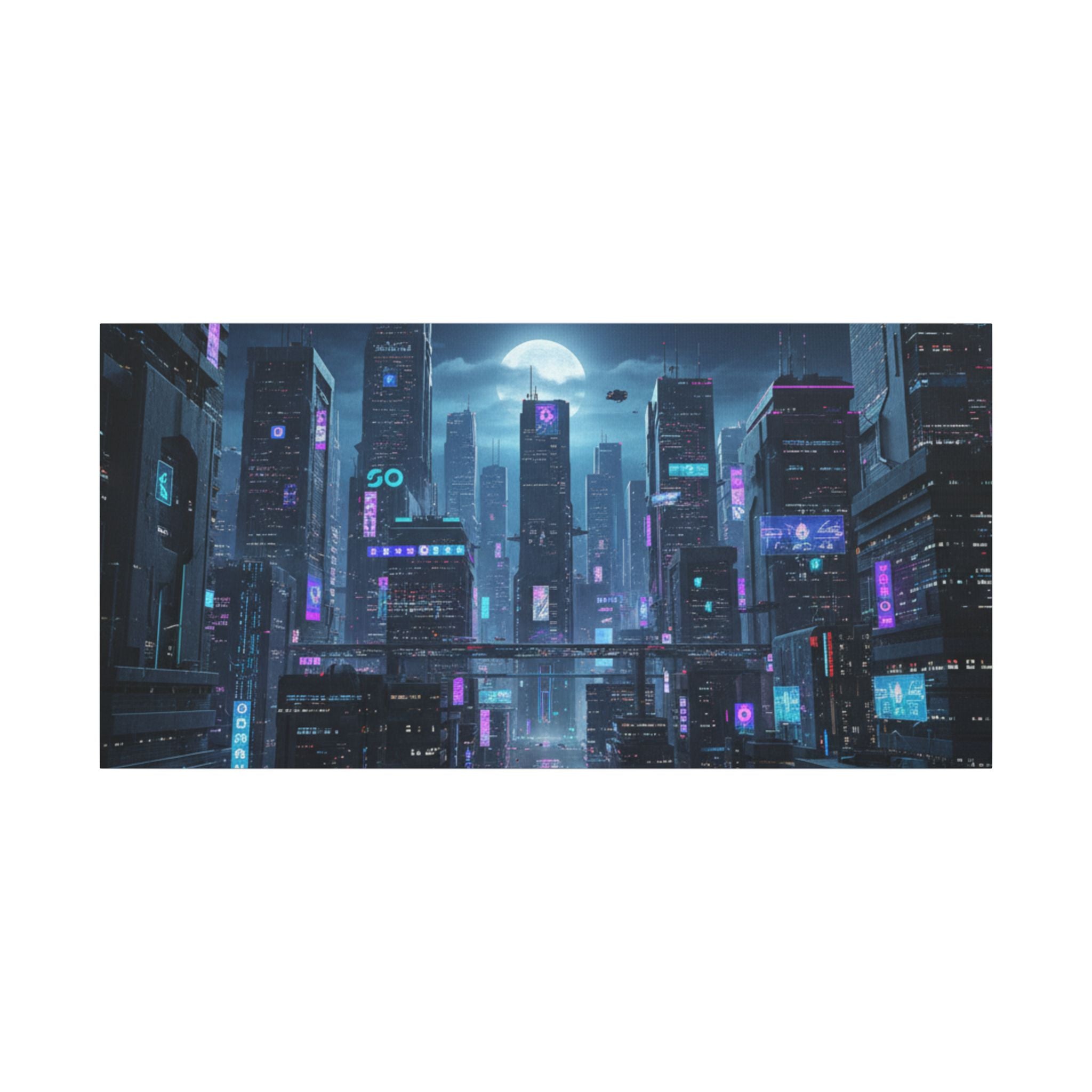 Cyberpunk Cityscape Matte Canvas Print — Neon Futuristic Wall Art