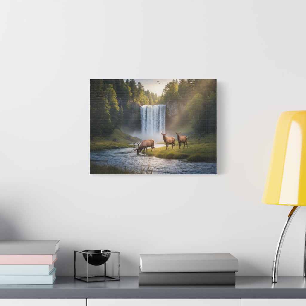 Waterfall Elk Canvas Print — Matte Stretched Wall Art
