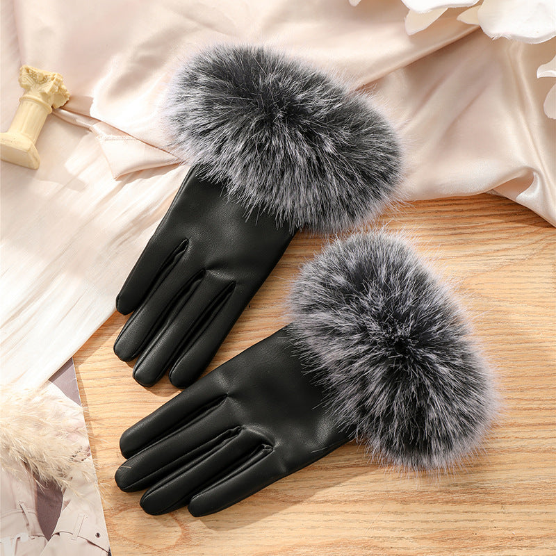Women's winter gloves with windproof and plush thick fur mouth gloves, cold resistant touch screen riding warm gloves, Korean style minimalist gloves