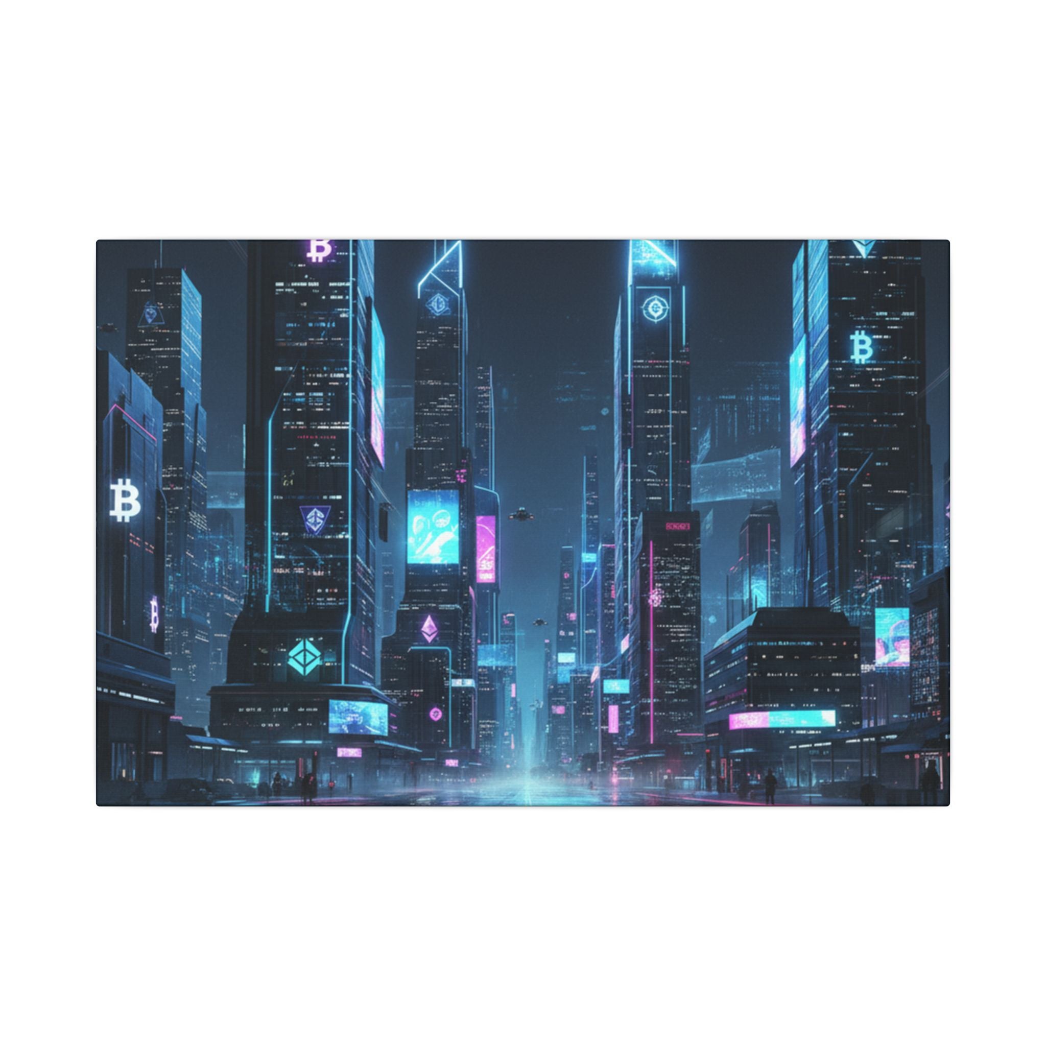 Cyberpunk Cityscape Matte Canvas Print — Neon Futuristic Skyline Wall Art