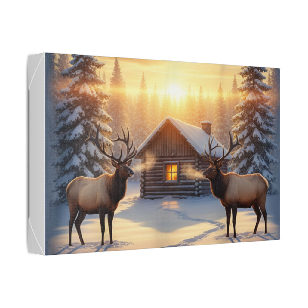 Winter Cabin Elk Canvas Wall Art – Cozy Snowy Forest Sunset Print