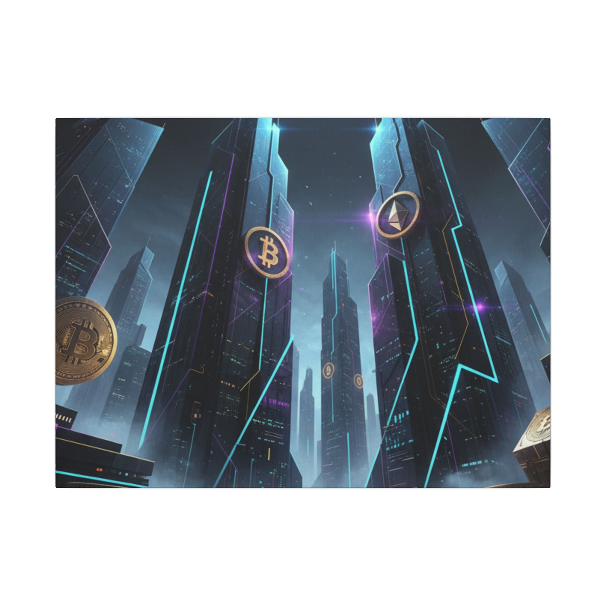 Crypto City Canvas Print — Futuristic Bitcoin & Ethereum Wall Art
