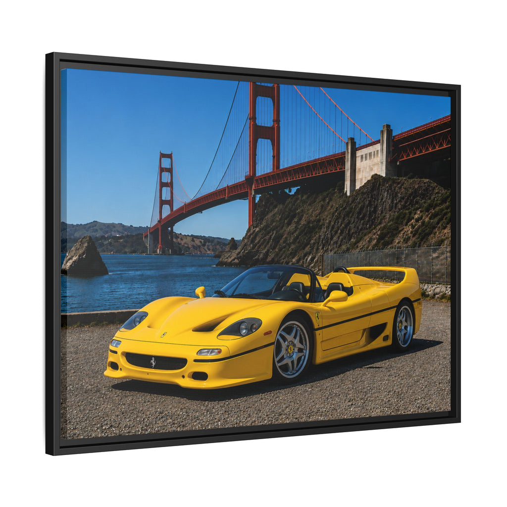 Ferrari F50 1995 Yellow — Framed Matte Canvas of Ferrari by Golden Gate Bridge